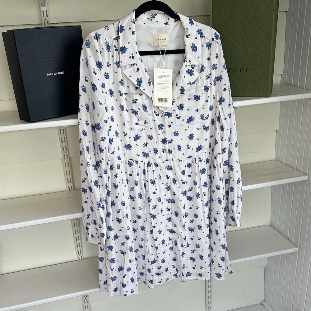 Sezane Blue Floral Long Sleeve Dress